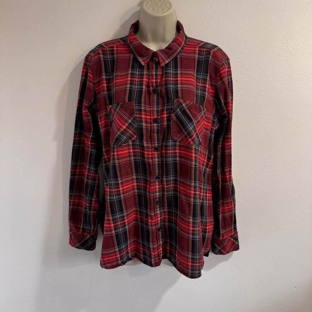 Beachlunchlounge Blouse Shirt L Tartain Plaid Chiffon Button Front Flannel Red